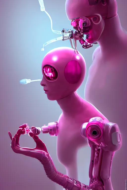 Image similar to Pink Vapor Inhalation Cyborg in a Medical Laboratory Connected to a Spherical Bottle of Pink Liquid by a Tube, Pink Vapor Leaking from an Oxygen Mask, fantasy, magic, ultra detailed, digital art, trending on artstation, illustration, robotic, mechanical, creepy, unsettling, horror, abandoned