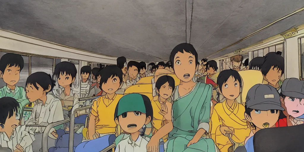 Image similar to inside sri lankan bus, drawn by hayao miyazaki, rule of thirds composition