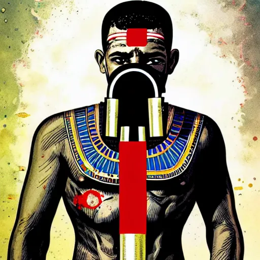 Image similar to a profile photo of a egyptian man with a diving oxygen mask with side profile blood in ocean intricate details by MARVEL comics and Sandra Chevrier-C