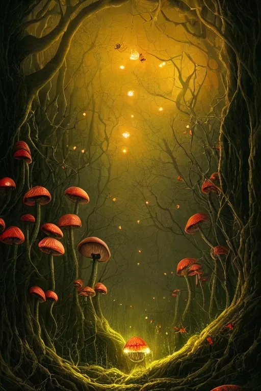 Prompt: a beautiful digital illustration painting of a detailed gothic fantasy fireflies and roots, dark mushroom, flowers by benoit b. mandelbrot, steven belledin, martin johnson heade, lee madgwick, caspar david friedrich, and david rios ferreira. 8 k resolution trending on artstation concept art digital illustration