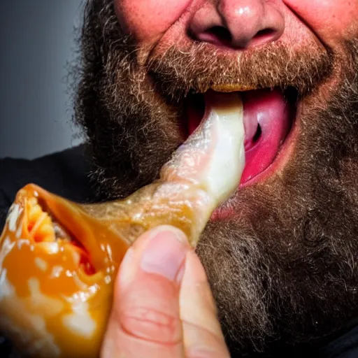 Image similar to close up shot of brian blessed swallowing a fish whole. photography, photographic