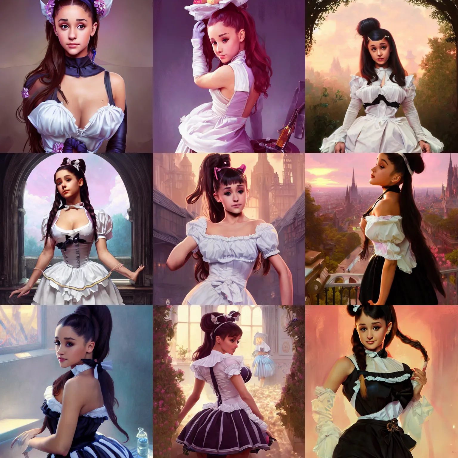 Prompt: Ariana Grande as a french maid, sweat drops, insane, intricate, highly detailed, digital painting, artstation, concept art, smooth, sharp focus, illustration, Unreal Engine 5, 8K, art by artgerm and greg rutkowski and alphonse mucha