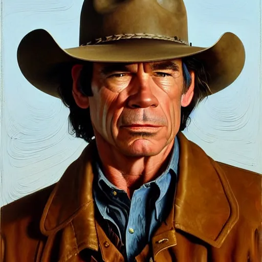 Image similar to portrait of tommy lee jones as sheriff ed tom bell in no country for old men. 7 0 s cowboy clothes and environment. flat colours. warm colours. oil painting by lucian freud. path traced, highly detailed, high quality, j. c. leyendecker, drew struzan tomasz alen kopera, peter mohrbacher, donato giancola