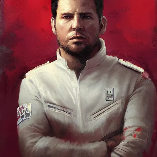 Prompt: portrait of a man by greg rutkowski, he looks like greg grunberg, tall and burly, star wars expanded universe, he is about 3 0 years old, wearing red and white starfighter pilot uniform from the galactic triunvirate.