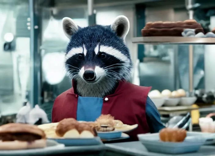 Image similar to film still of Rocket Racoon working as a pastry chef in the new Avengers movie, 4k