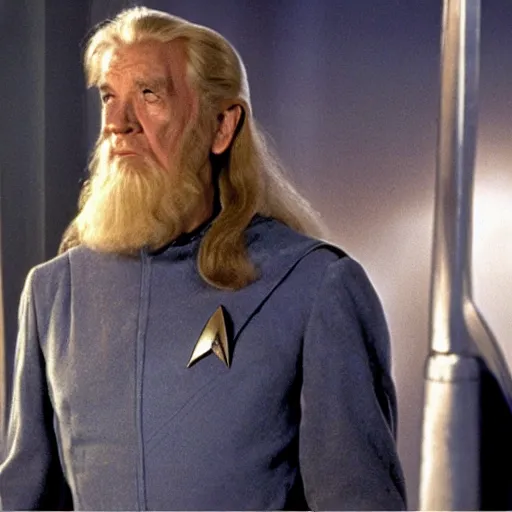 Image similar to A still of Gandalf as Captain Kirk on Star Trek