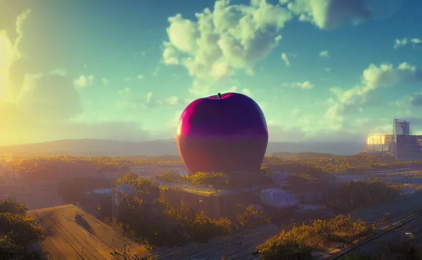 Image similar to A giant apple looms over the horizon, rendered by Beeple, by Makoto Shinkai, synthwave style, environment concept, digital art, unreal engine, WLOP, trending on artstation, 4K UHD image,