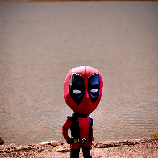 Image similar to deadpool sticking his head out of empty drained lake mead