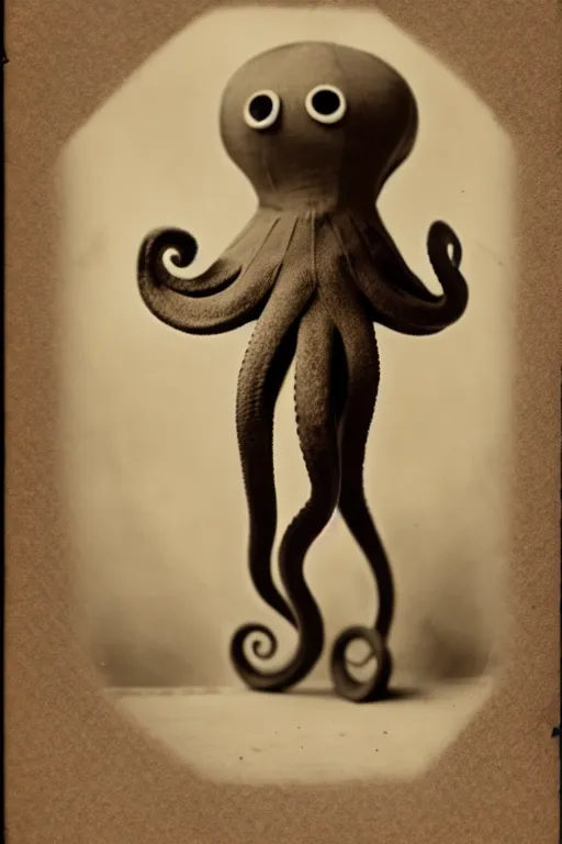 Image similar to anthropomorphic octopus , wearing a suit, vintage photograph, sepia