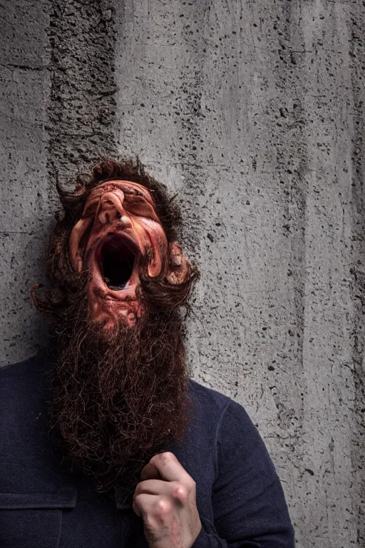 Prompt: a ultra high resolution photo a octopus man with tentacles beard, 4 0 years old, standing in a huddie. he is standing with his head pressed on the wall in a narrow alleyway. he is crying. right profile photo. the light is dim, and the colours are muted