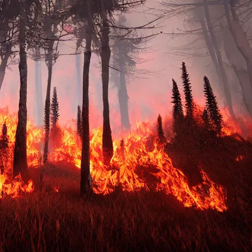 Image similar to surreal burning forest beautiful 4 k hyperrealistic artstation trending ray traced unreal engine detailed high resolution high detail drawn by peter michaels michaels mackentire and ronaldo swansonjohnson