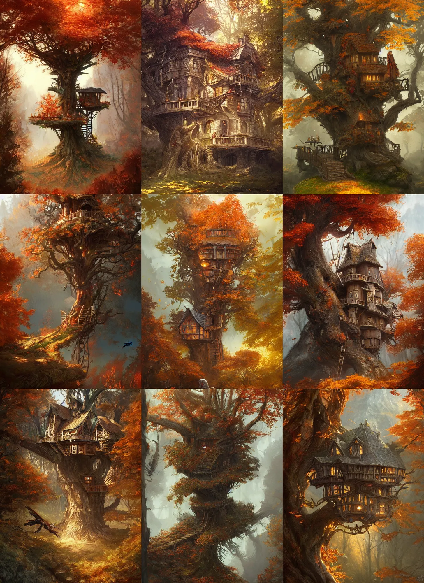 Prompt: autumnal treehouse, d & d, fantasy, portrait, highly detailed, digital painting, trending on artstation, concept art, sharp focus, illustration, art by artgerm and greg rutkowski and magali villeneuve