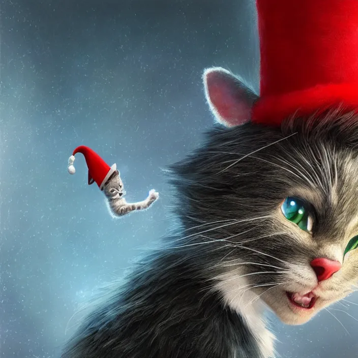 Prompt: complex 3 d render, hyper detailed, ultra sharp, christopher walken as cat in the hat, scary, cute, cinematic, head and shoulders, steampunk, natural soft light, rim light, octane render, artstation, art by artgerm and greg rutkowski and alberto seveso, dr seuss