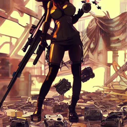 Prompt: Anime cyberpunk ninja babe standing on a pile of destroyed drones and machines, by artgerm and Alphonse Mucha, cinematic, dramatic lighting, post-apocalypse realistic