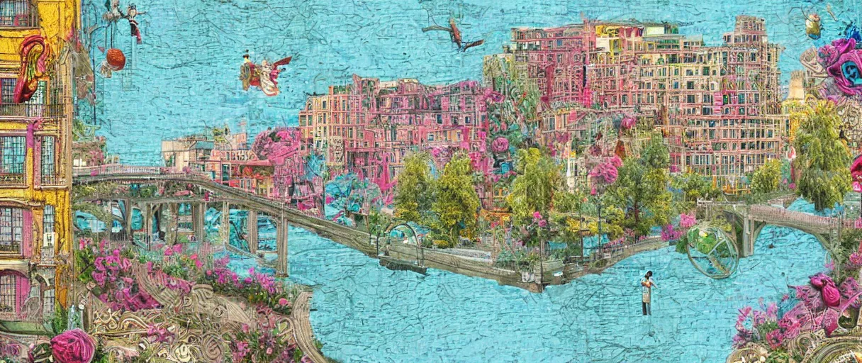 Prompt: a building along a river, seen from the long distance. people walking on a bridge. maximalist mixed media collage, baroque embroidery rich fabric textures. childrenbook illustration in vibrant pastel tones. matte background. HD 8x