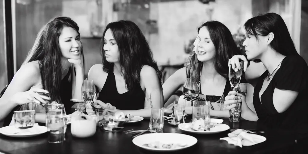 Image similar to b & w photo of two beautiful woman having dinner,