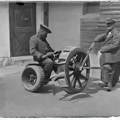 Prompt: photograph of an eldery gentleman towing a howitzer! artillery! with a mobility scooter on a street