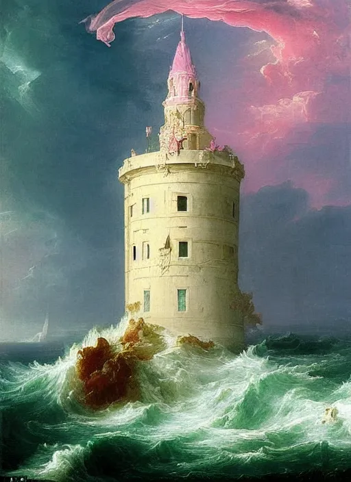 Image similar to a delicate ornate white fantasy tower with pink and green decoration splashes upwards from a turbulent ocean, dramatic lighting, rich colors, beautiful painting by Thomas Cole