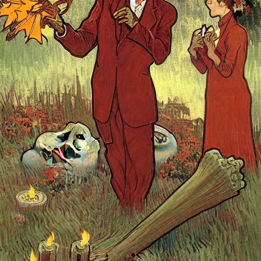 Prompt: painting of arkansas razorbacks at the halloween! party, bubbling cauldron!, candles!, graveyard, gravestones, ghosts, smoke, autumn! colors, elegant, wearing suits!, clothes!, delicate facial features, art by alphonse mucha, vincent van gogh, egon schiele