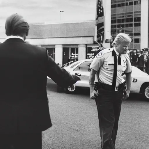 Image similar to Donald Trump being handcuffed and walked to a cop car, 35mm film, dslr photography