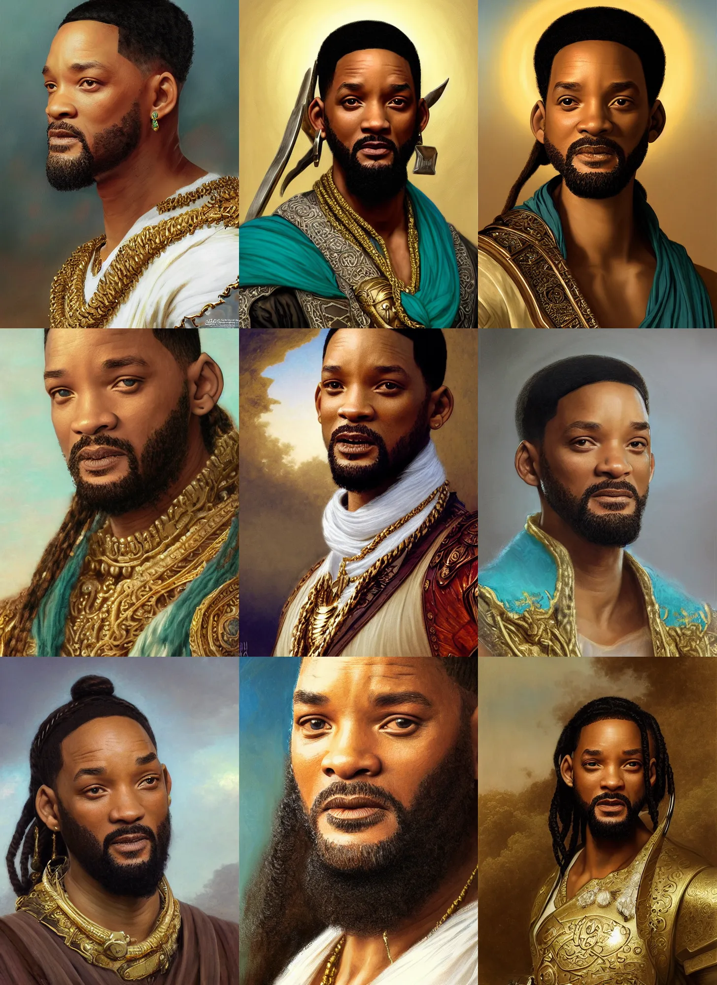 Prompt: will smith close-up portrait as ancient libyan warrior, curled beard, long cornrows hair, white and teal garment, gold jewelry, intricate, elegant, highly detailed, digital painting, artstation, concept art, smooth, sharp focus, illustration, orientalism, edwin long, bouguereau, rutkowski