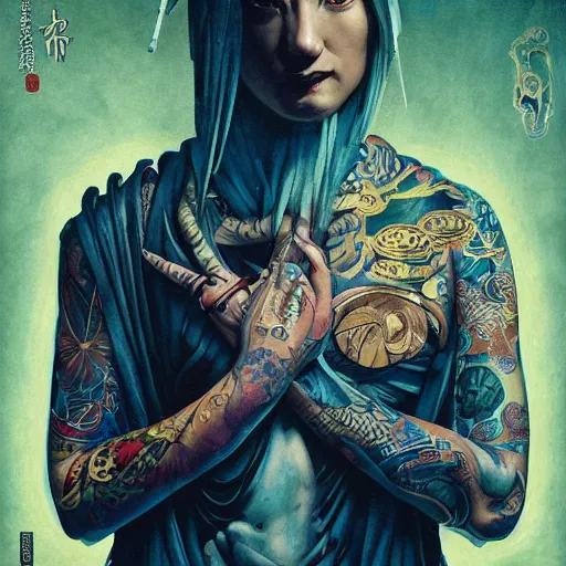 Prompt: cyberpunk monk in a lotus position, wearing a flowing kimono and tattoos, 8 k, by tristan eaton, stanley artgermm, tom bagshaw, greg rutkowski, carne griffiths, ayami kojima, beksinski, giger, trending on deviantart, hyper detailed, cybernetic, full of colour, brain