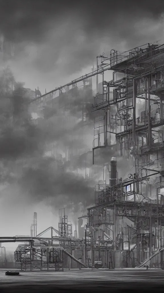 Prompt: a 3D render of an industrial smoky scenery, wide-angle, high contrast, highly detailed, sharp focus, digital painting, 3D art, illustration, trending on artstation,