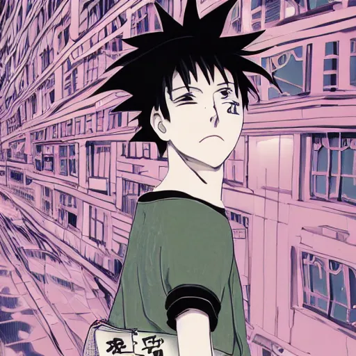 Prompt: a depressed anime boy in Copenhagen, anime visuals, Copenhagen, Hirohiko Araki artwork