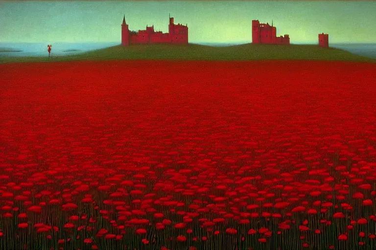 Image similar to only with red, red flowers of different types, a castle in the background, red giants rest over the flowers, in the style of beksinski, part by hopper, part by rodcenko, part by hofbauer, intricate composition, red by caravaggio, insanely quality, highly detailed, masterpiece, red light, artstation, 8 k