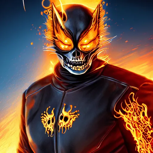 Prompt: ghost rider as a cat, animal drawing, by artgerm, hd, hdr, ue 5, ue 6, unreal engine 5, realistic anime 3 d style, cinematic 4 k wallpaper, 8 k, ultra detailed, gta 5 cover art, high resolution, artstation, award winning