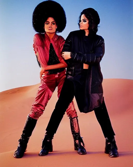 Image similar to pre plastic surgery michael jackson, as luke sky - walker, with janet jackson as princess lie, studio lighting, star wars themed, beautiful tunisian desert at sunset, michael jackson is normal looking and has had no work done to his face, photoshoot in the styled of annie leibovitz