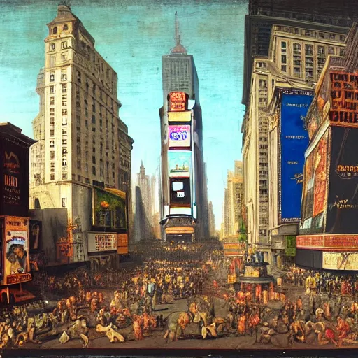 Image similar to times square, new york as painted by raphael in 1 5 1 1, renaissance, broad daylight