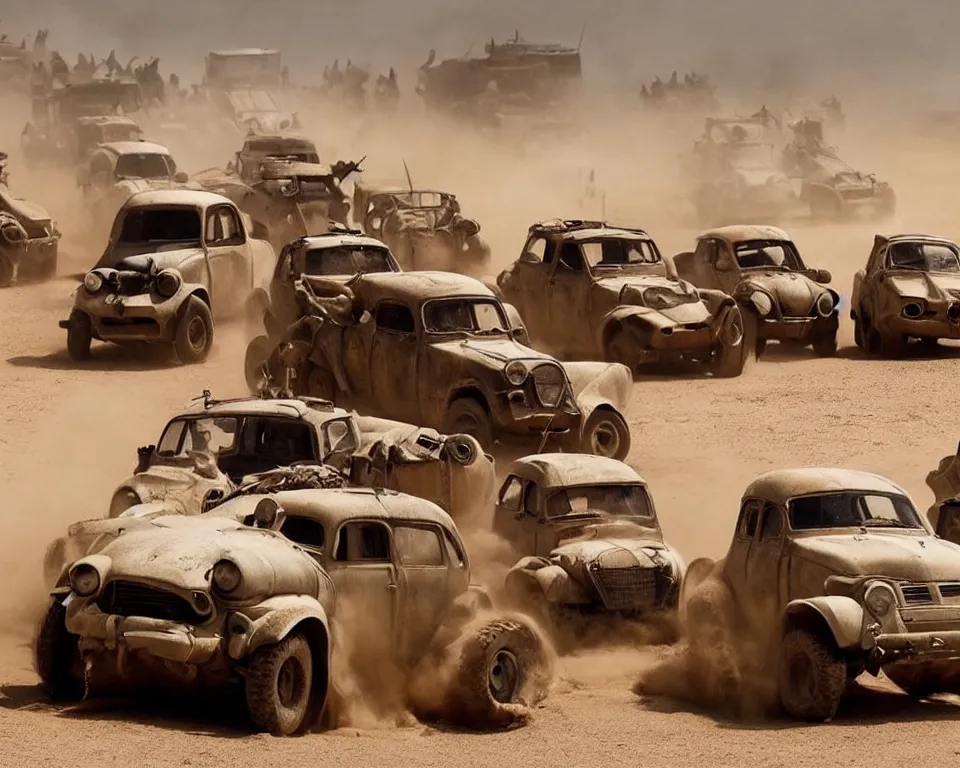 Image similar to epic sandstorm battle, Renault 4 Master cars in the Movie Mad Max: Fury Road (2015)