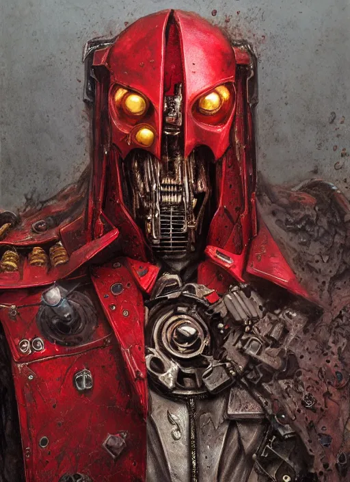 Image similar to portrait of rotten Nicolas Cage as adeptus mechanicus in red hood and robe from Warhammer 40000. Highly detailed, artstation, illustration by and John Blanche and zdislav beksinski and wayne barlowe