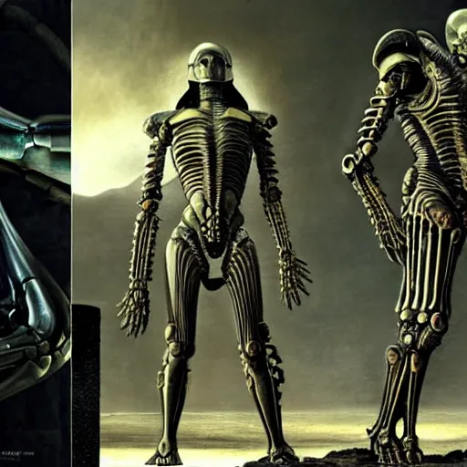 Prompt: still frame from Prometheus movie by giger, necron lord editorial by Malczewski, biomechanical armoured knight by Wayne Barlowe