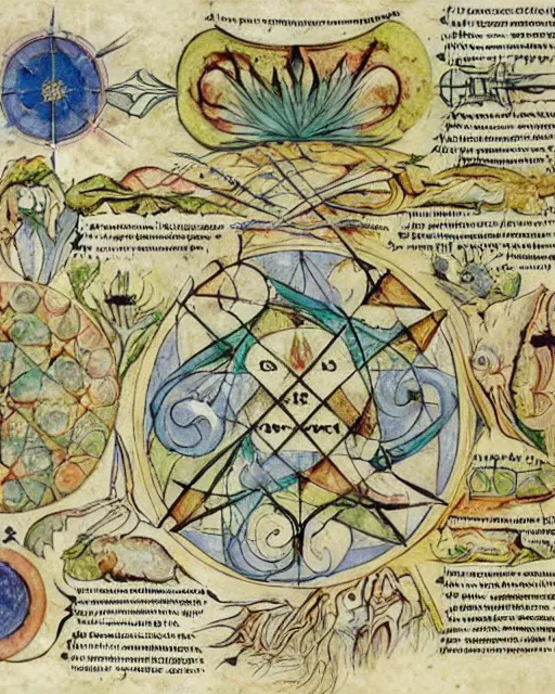 Image similar to a diagram of the esoteric alchemical process, reminiscent of the voynich manuscript