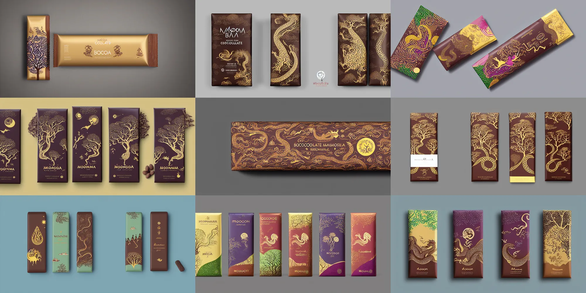 Prompt: conceptual designer chocolate bar packaging, inspired by moonlit socotra island with dragon trees, midsommar color theme, kerala motifs, label design, behance, pinterest, packaging of the world, award, front label, premium quality, packaging design, octane render