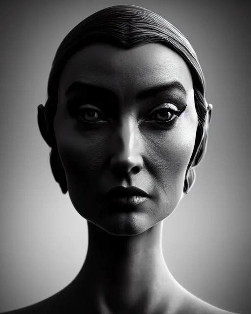 Image similar to surreal mythical dreamy dark artistic black and white fine art photo of a female - orchid - bird - cyborg bust, rim light, cinematic, studio dramatic light, poetic, octane render, 8 k, photo - realistic