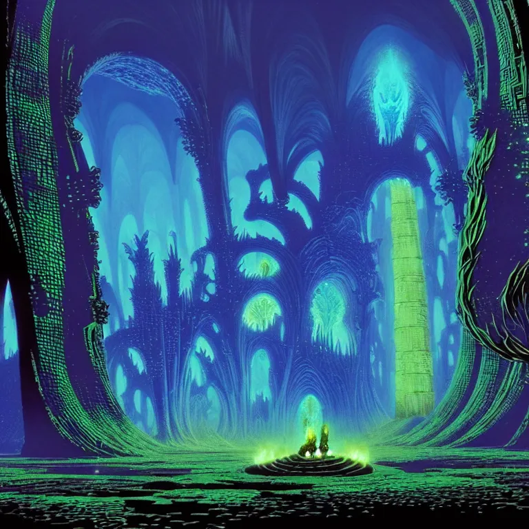 Image similar to the kiln of the first flame from dark souls 3, infinite fractal tesseract, quantum waves, synthwave, bright neon colors, highly detailed, cinematic, eyvind earle, tim white, philippe druillet, roger dean, ernst haeckel, lisa frank, aubrey beardsley, kubrick