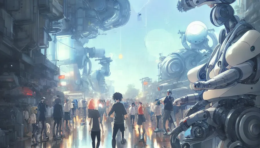 Image similar to robots and people run a marathon, yoshiyuki sadamoto artgerm greg rutkowski makoto shinkai studio ghibli, artstation