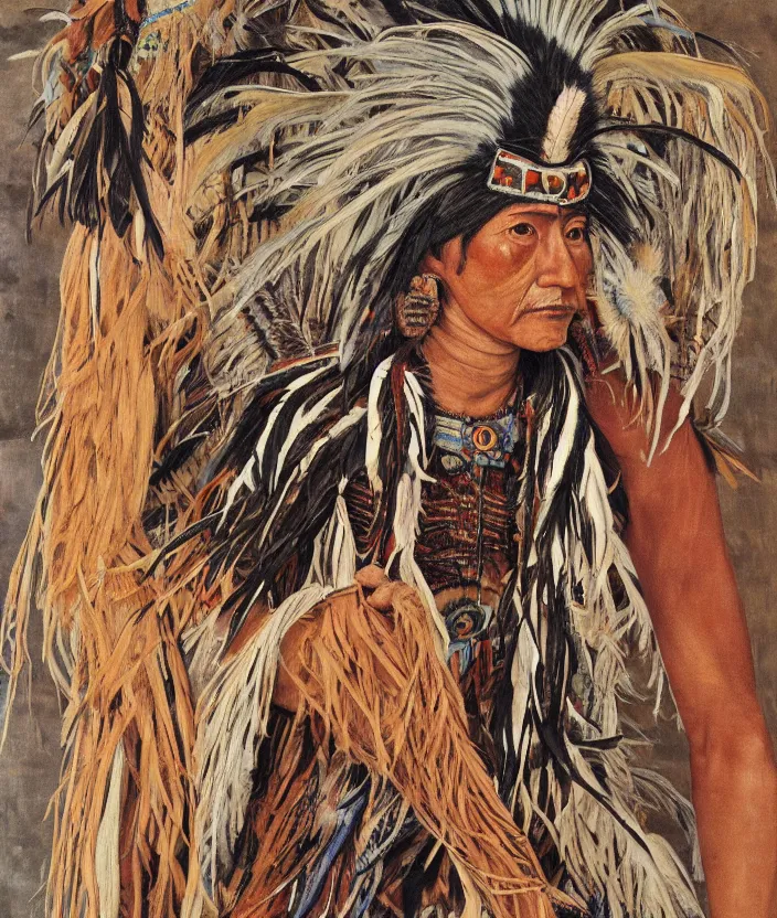 Image similar to full body shot picture of indigenous people young slim fit woman warrior in canyon, painted by lucian freud, intricate costume design, beautiful feathers, hd, super detailed, realistic