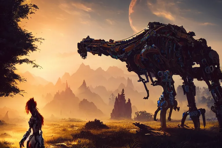 Image similar to tallneck machine mecanical creature robot of horizon forbidden west horizon zero dawn radiating a glowing aura global illumination ray tracing hdr fanart arstation by ian pesty and alena aenami artworks in 4 k