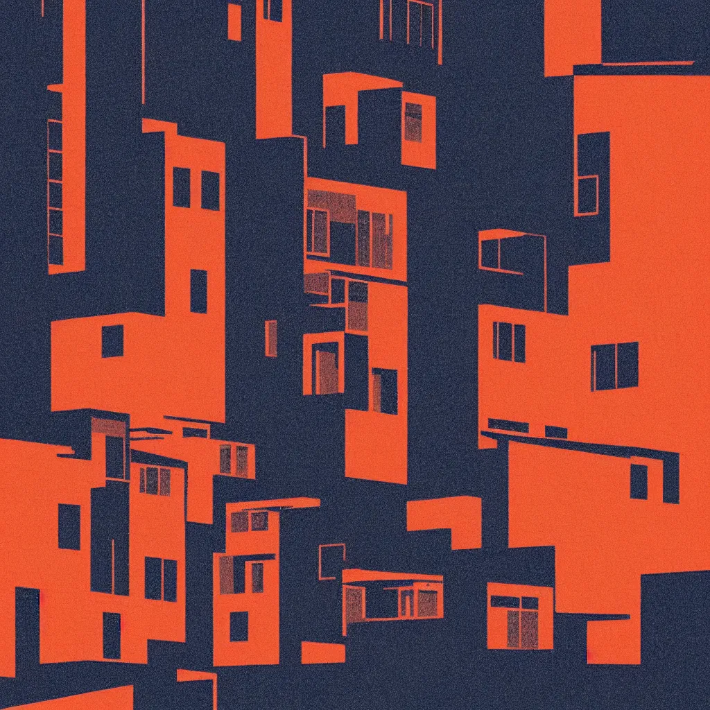 Image similar to old kyoto, mads berg, karolis strautniekas, film noir, stippled light, dramatic lighting, editorial illustration, detailed, fine texture, matte print, art deco, brutalism, dark blue + dark orange, red, black, ( ( habitat 6 7 background ) )