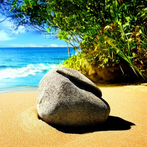 Image similar to a beautiful rock on the beach, lush vegetation