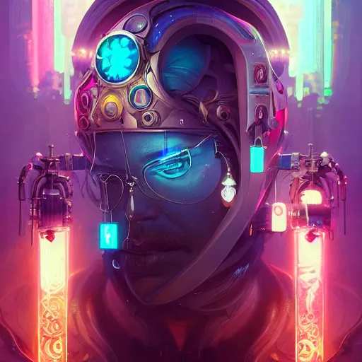 Image similar to the old wizard, cyberpunk, bionics, augments, lights, cables, elegant gleaming intricate baroque jewellery, colorful, vivid, imposing, epic, digital painting, artstation, concept art, by peter mohrbacher and wlop and rhads,