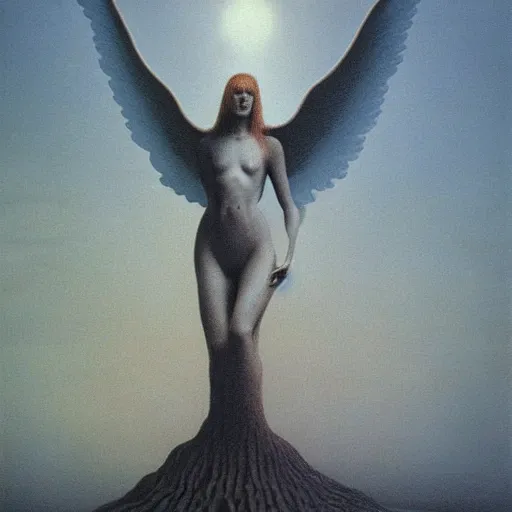 Image similar to angel by Zdzisław Beksiński, oil on canvas