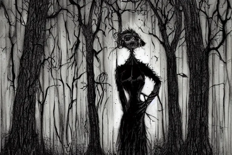 Prompt: mad girl wandering the woods artwork by ben templesmith