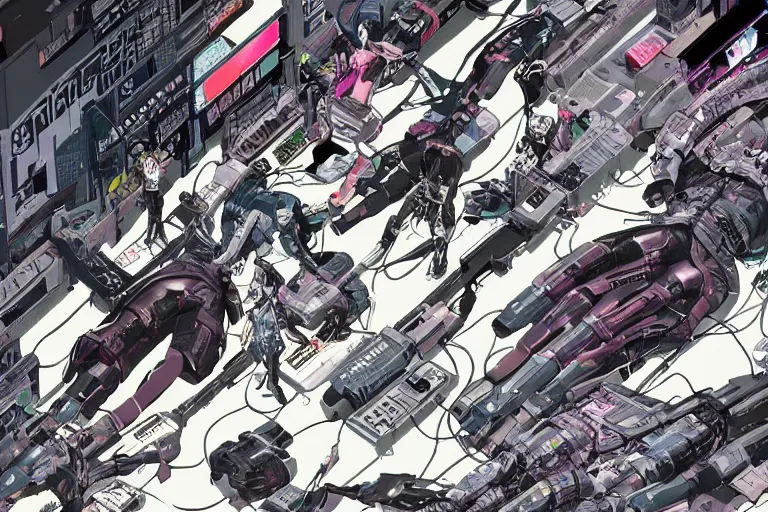 Image similar to a cyberpunk illustration of a group of female androids in style of masamune shirow, lying on an empty, white floor with their bodies scattered across, turned in different poses and cables and wires coming out, by yukito kishiro and katsuhiro otomo, hyper-detailed, intricate, view from above