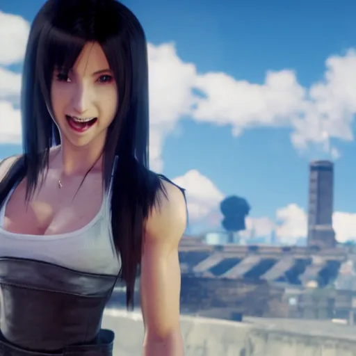 Prompt: Tifa Lockhart from the new Final Fantasy VII Remake (2020) laughing with the Italian flag in the background
