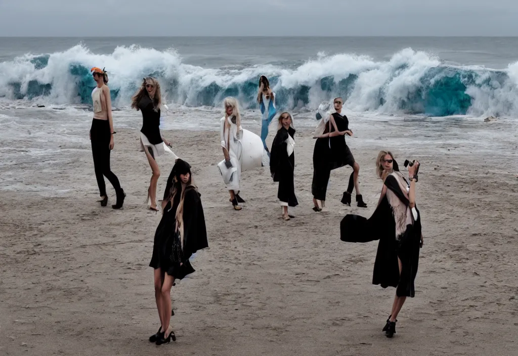 Image similar to fashion editorial in front of giant tsunami waves, on the beach.